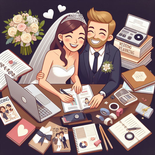 a couple happily planning their wedding together.