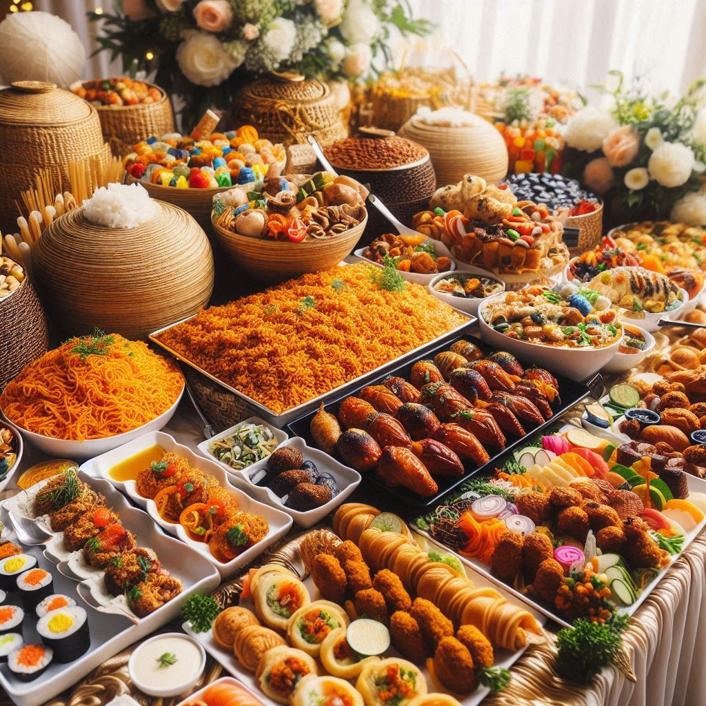 An elegant wedding buffet showcasing a mix of vibrant Nigerian dishes like Jollof Rice and Puff-Puff, alongside international options such as sushi and pasta.