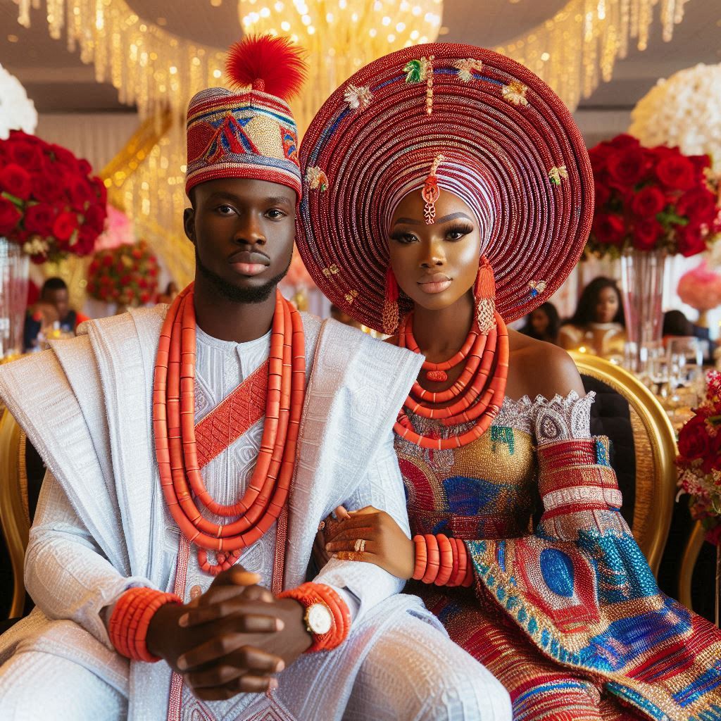 A vibrant wedding scene featuring a Nigerian couple, with the groom in a traditional Yoruba Agbada in a beautifully decorated venue.