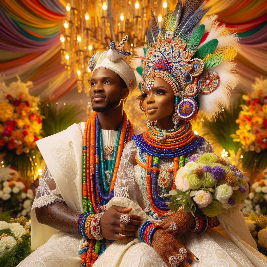 A Nigerian couple at their wedding in Texas, showcasing a blend of traditional and Western attire. 