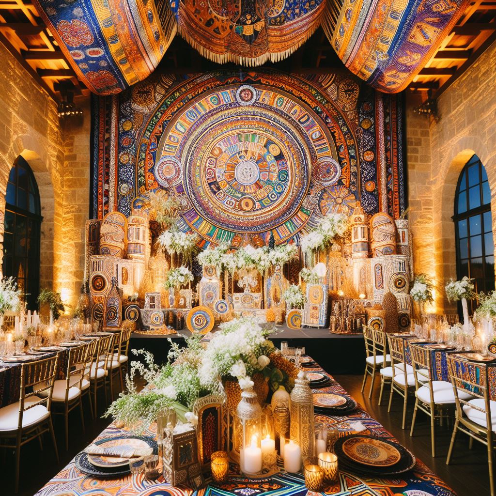 A beautifully decorated wedding venue in Texas, adorned with colorful Nigerian fabrics, intricate beadwork, and symbolic motifs, creating an atmosphere of ethnic elegance and cultural pride.