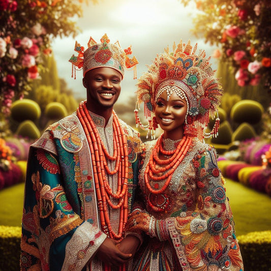 A couple dressed in vibrant Nigerian wedding attire.