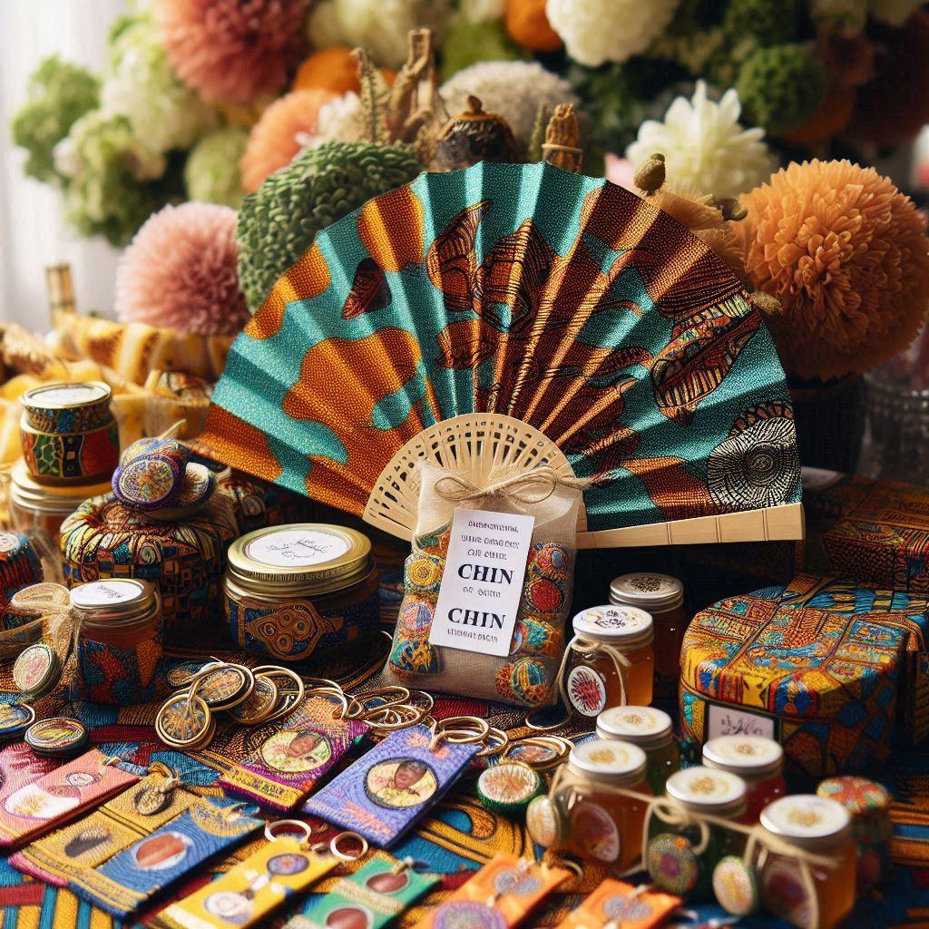 Vibrant Nigerian wedding favors: beautifully crafted Adire fabric hand fans, small packets of chin chin, personalized keychains, and jars of Nigerian honey. 