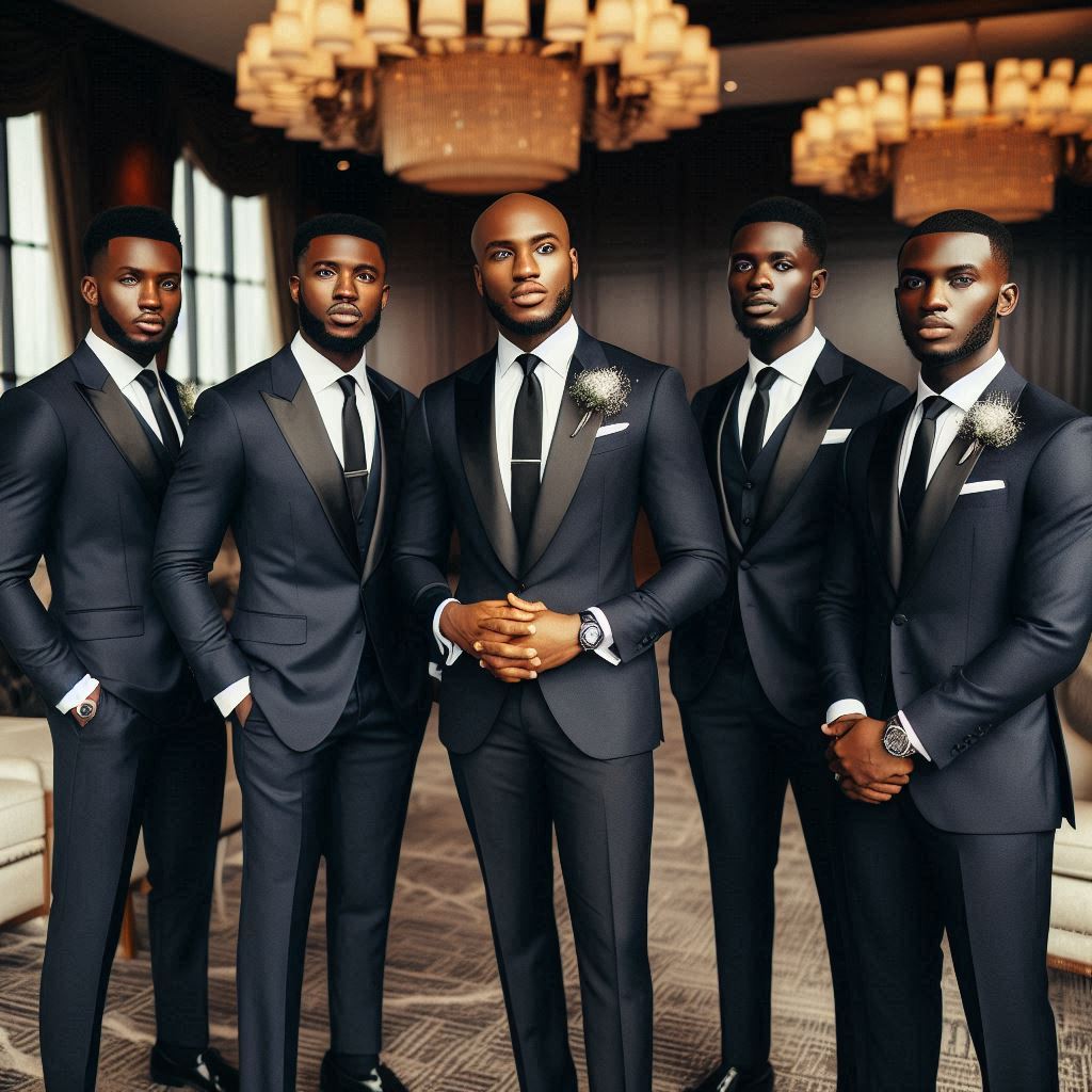 Groom and his friends are dressed in modern suits.