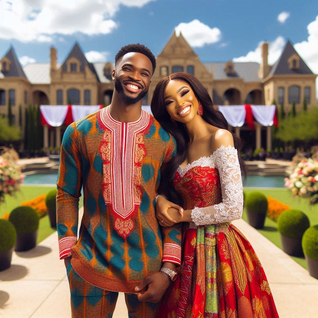 A lively after-party scene for a Nigerian wedding in Texas, featuring colorful traditional attire.