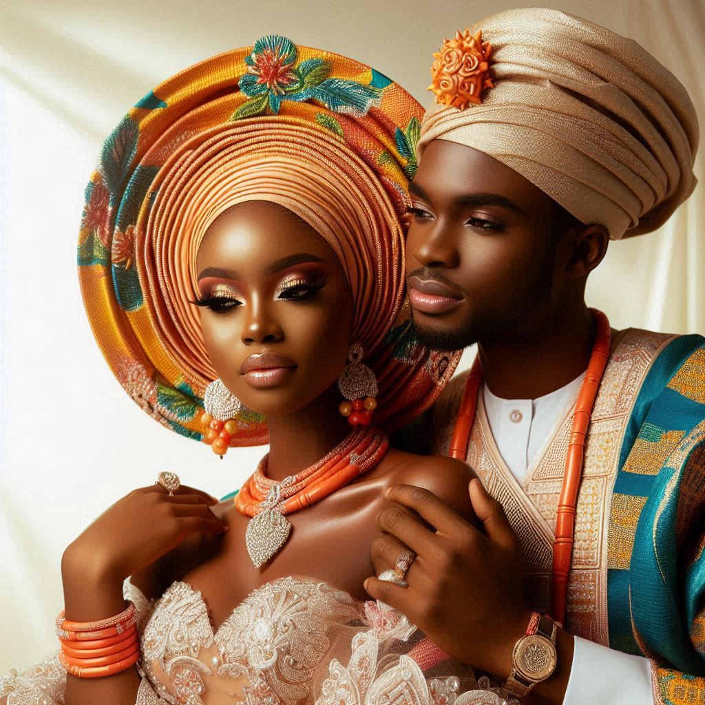 Bride and groom are dressed in traditional Nigerian attire.