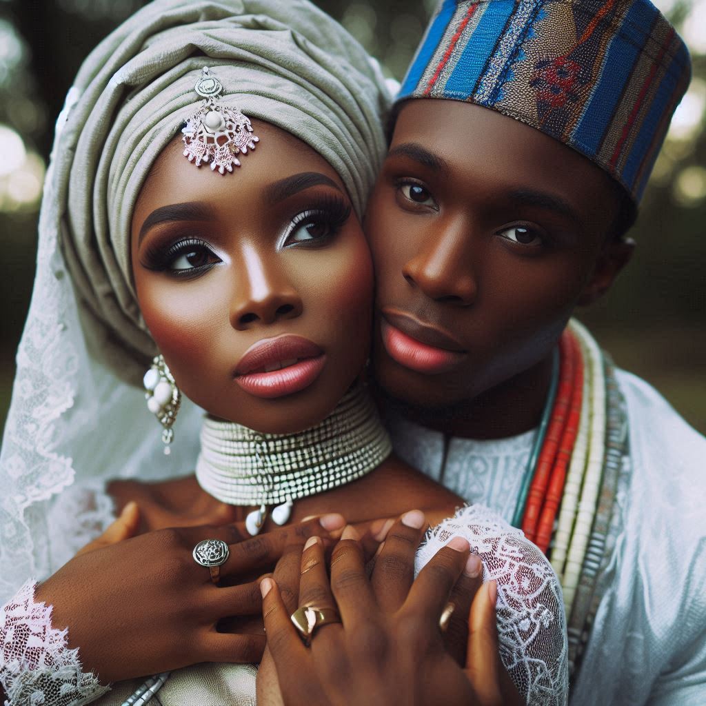 Nigerian couple in traditional wedding attire in Atlanta.