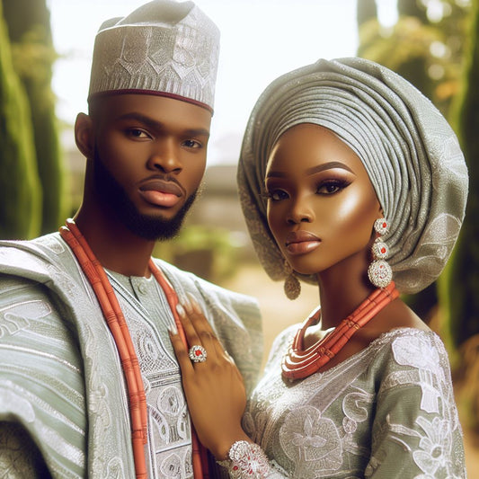 Couple, adorned in traditional Nigerian attire.