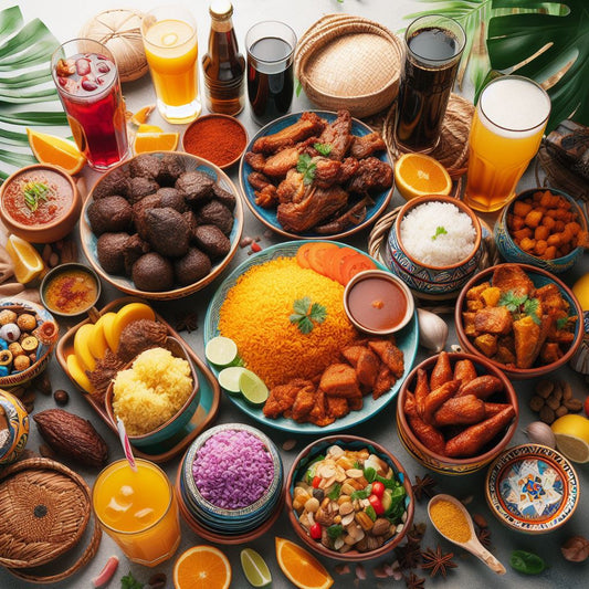 An elegant banquet table adorned with colorful Nigerian and Texan dishes, including jollof rice, moi-moi, pecan pie, and chicken-fried steak. 