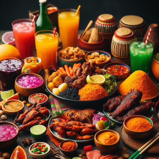 A beautifully decorated table spread with colorful Nigerian dishes such as jollof rice, moi moi, drinks and assorted meats.