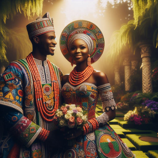 a bride and groom dressed in vibrant traditional Nigerian attire, adorned with intricate beadwork and colorful fabrics.