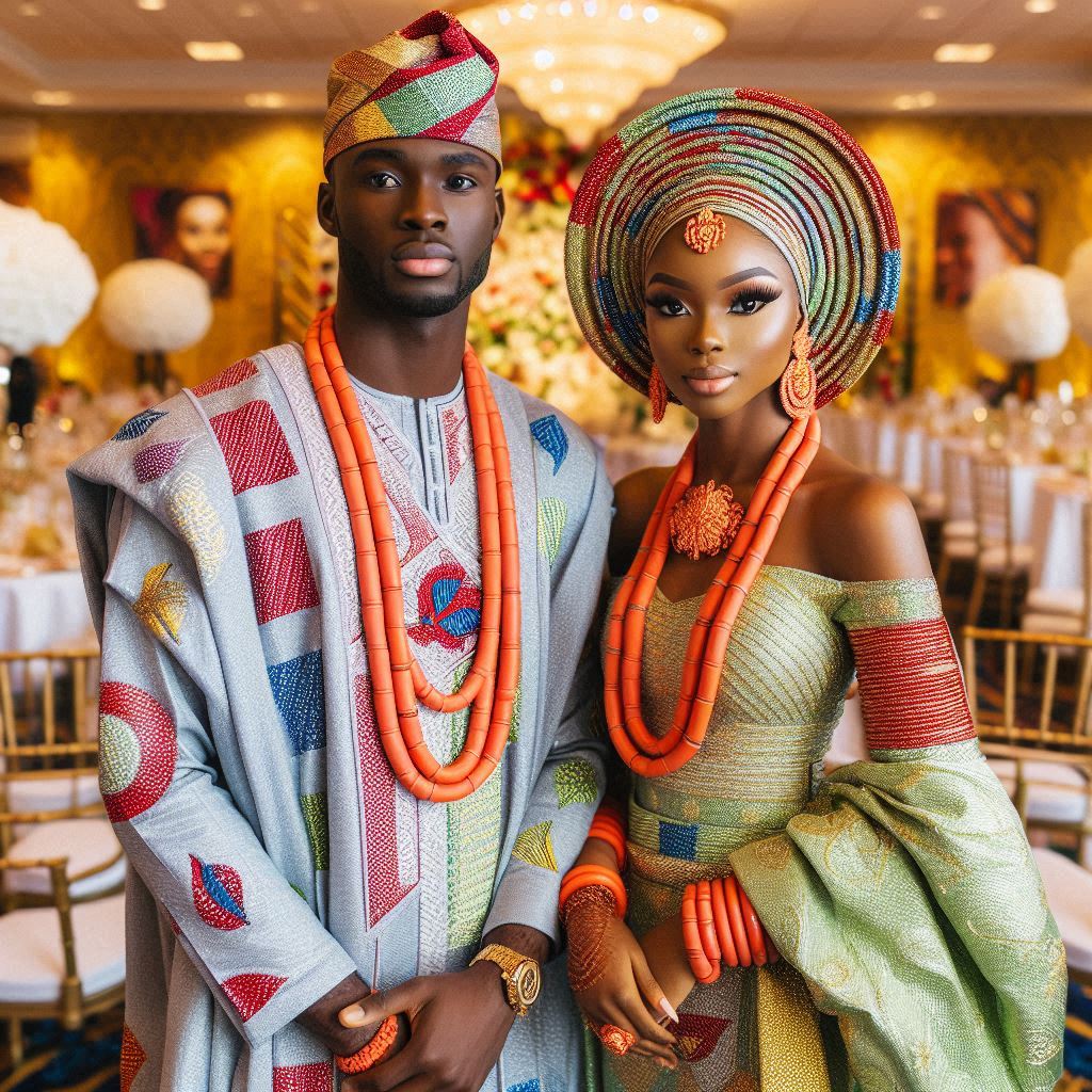 Nigerian Yoruba couple celebrating their wedding in Atlanta.