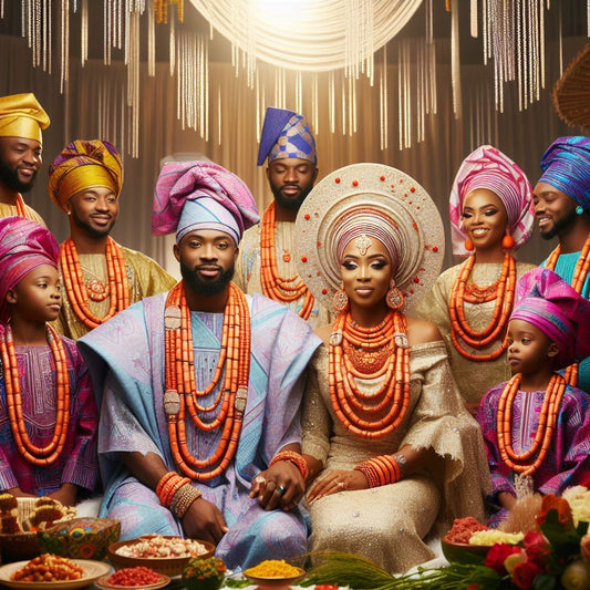 A bride and groom dressed in vibrant Yoruba traditional attire.