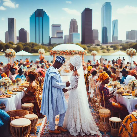A vibrant wedding scene captures the essence of a Nigeria-American wedding in Texas.