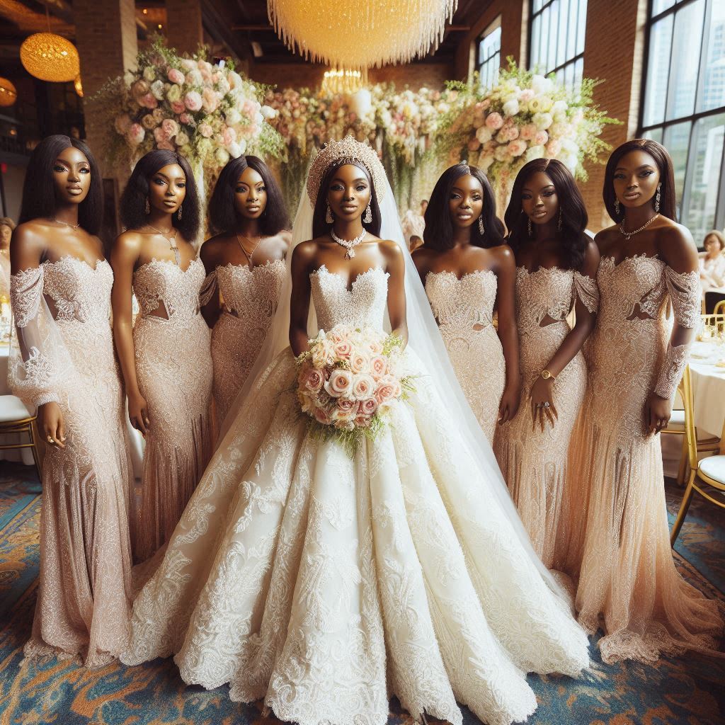 Nigerian bride and her bridesmaids are standing in a luxurious, well-decorated wedding hall in Atlanta. 