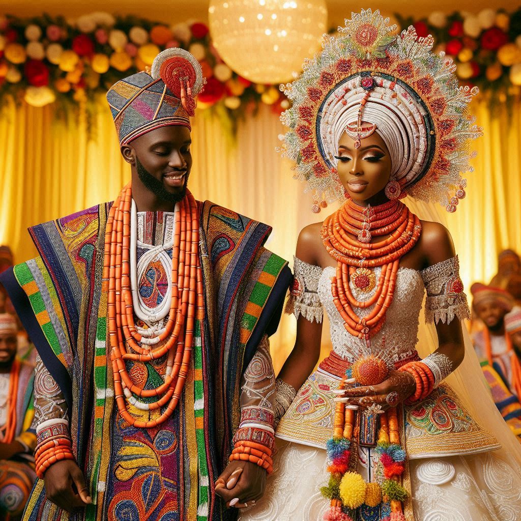 A traditional Nigerian wedding in Texas could feature a couple dressed in traditional Aso Oke fabrics in a vibrant colors.