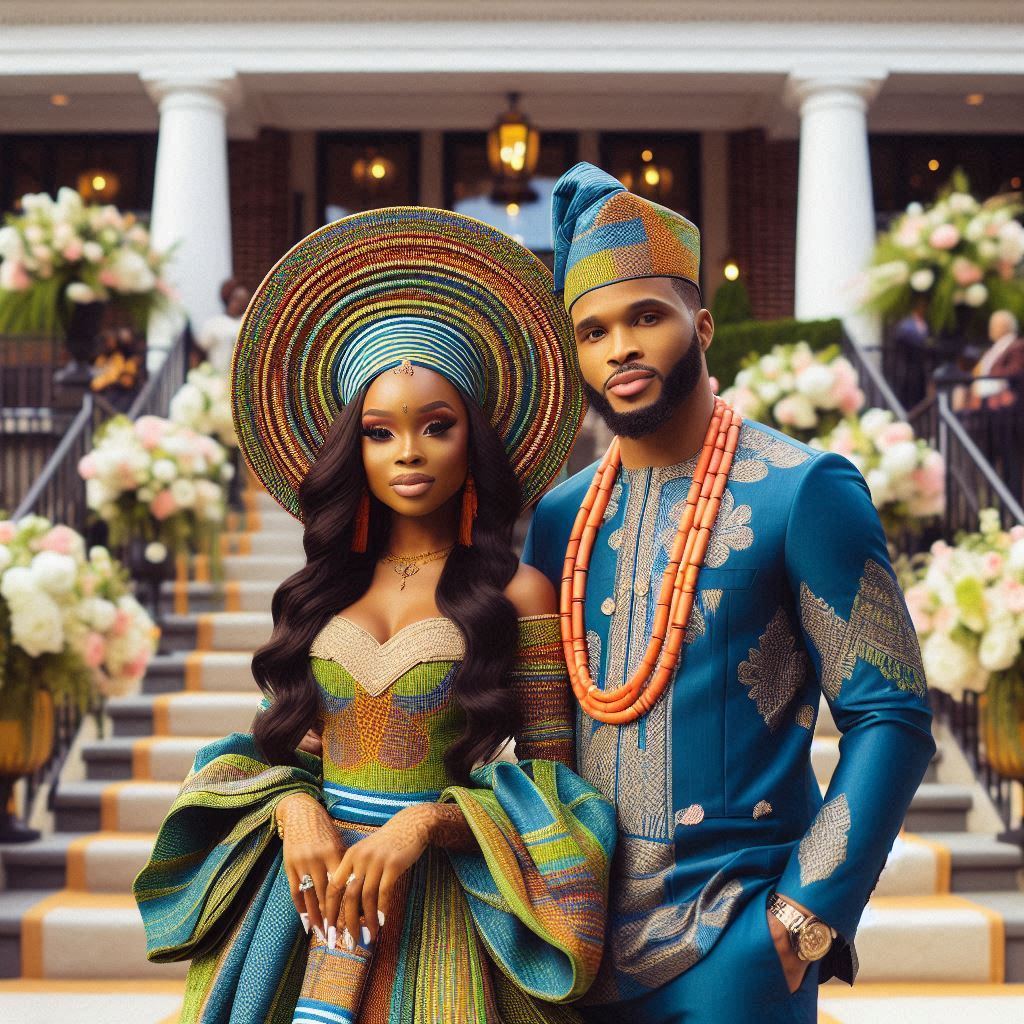 A vibrant Atlanta wedding scene with a couple dressed in a blend of traditional Nigerian and modern Western attire. 