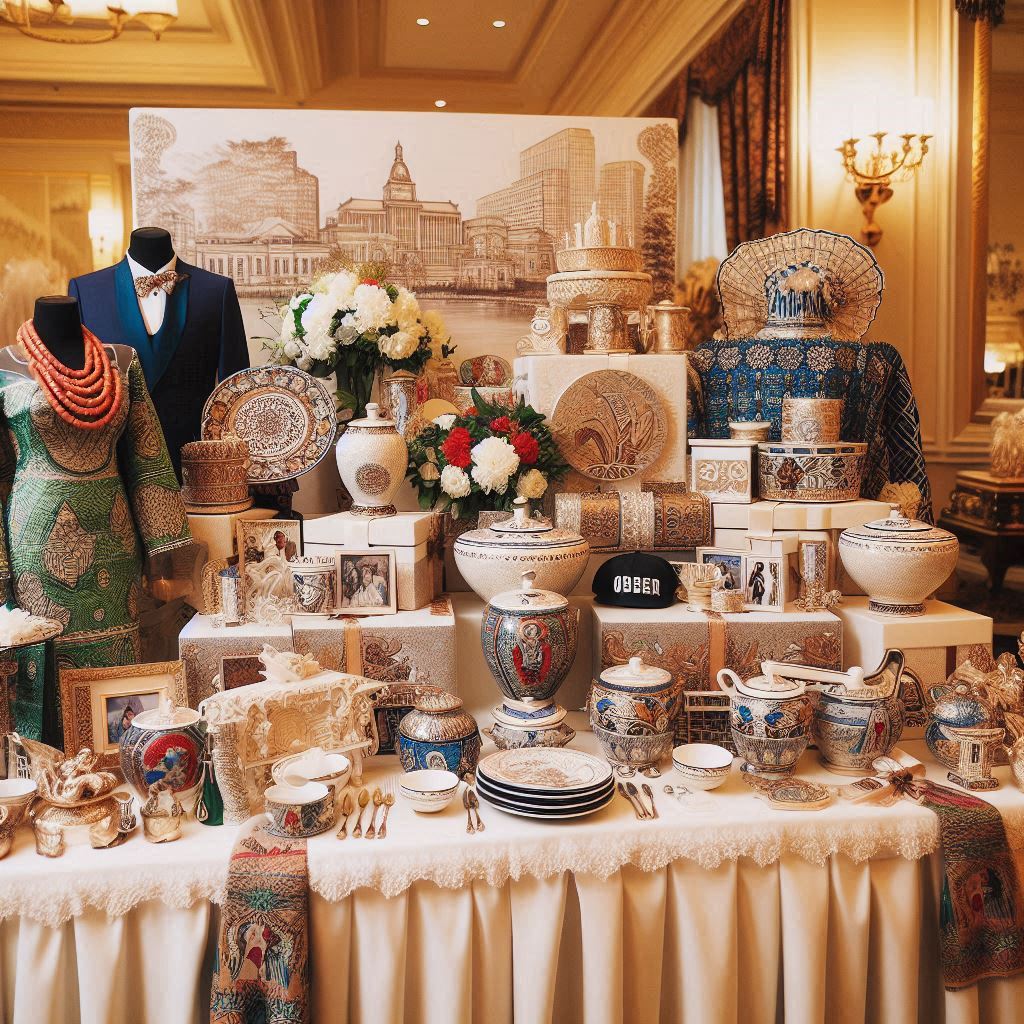 An elegant wedding registry table adorned with a blend of Nigerian and American-themed gifts, featuring traditional Nigerian attire, exquisite dinnerware, and modern home decor items.