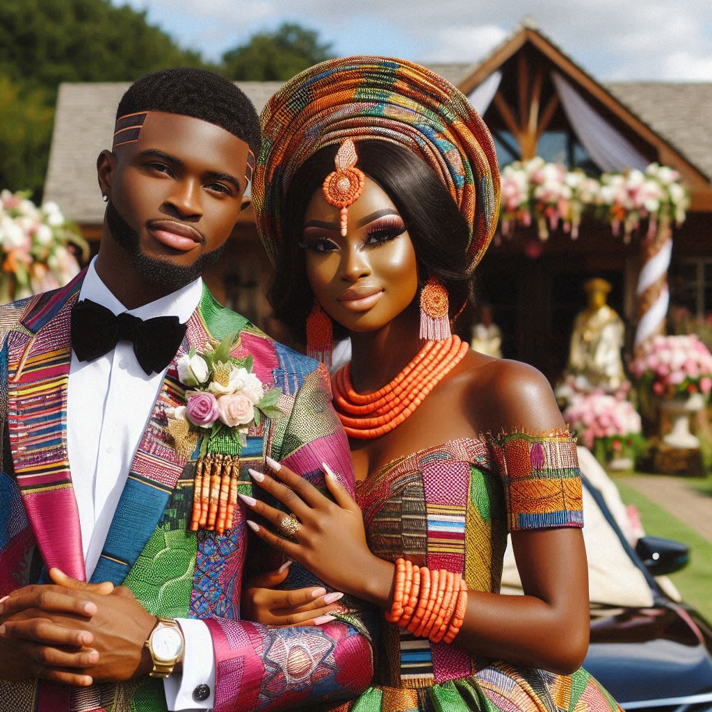 A Nigerian couple in vibrant African prints standing elegantly in a beautifully decorated wedding venue.