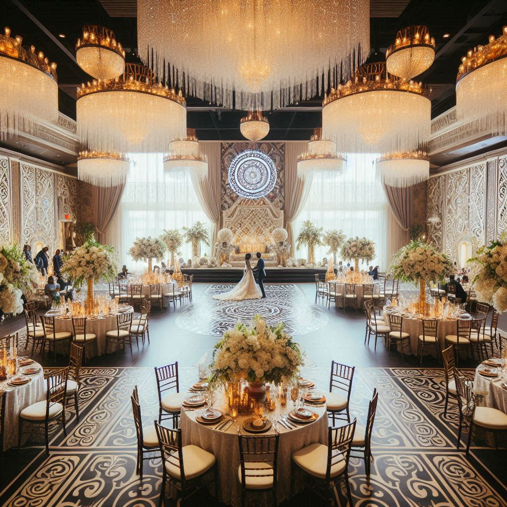 A beautifully decorated wedding venue in Texas, showcasing elegant decor with Nigerian traditional elements.