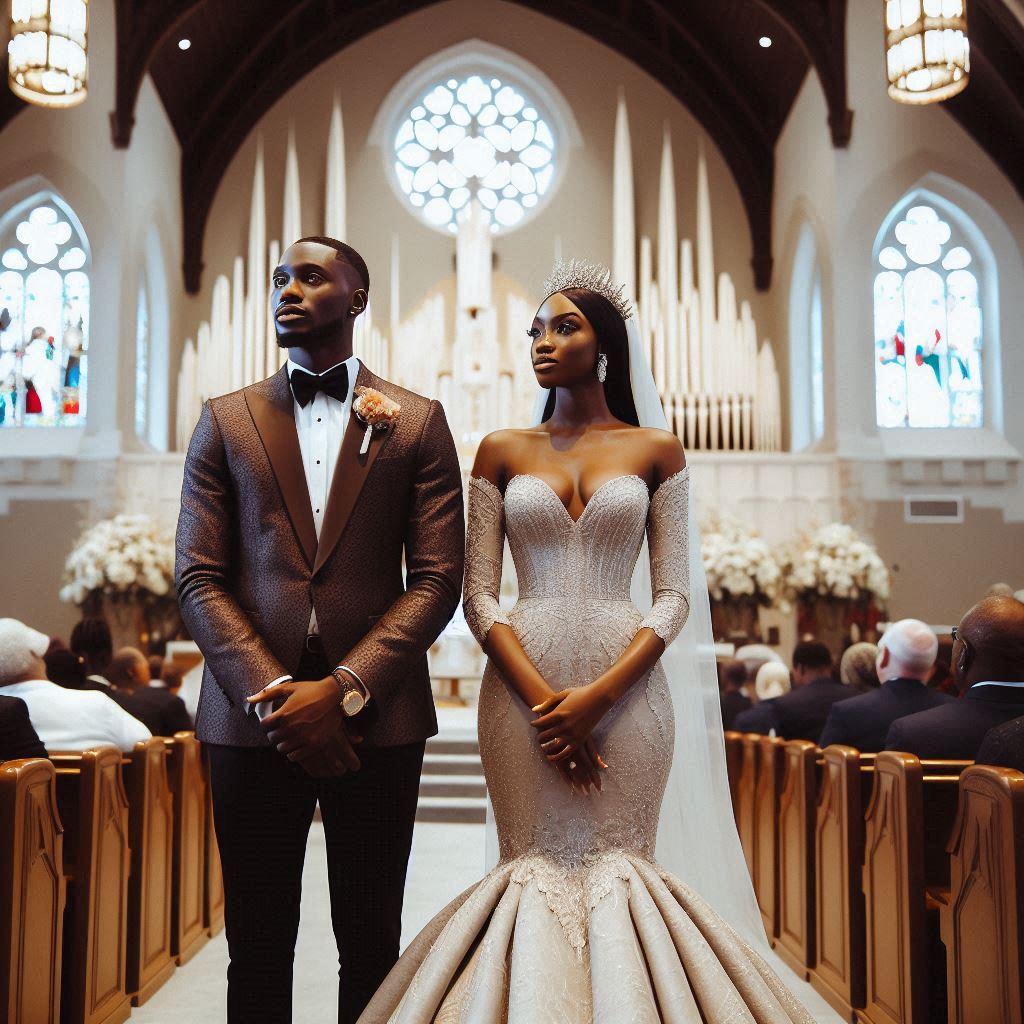 Nigerian couple in beautifully decorated church aisle in Atlanta.