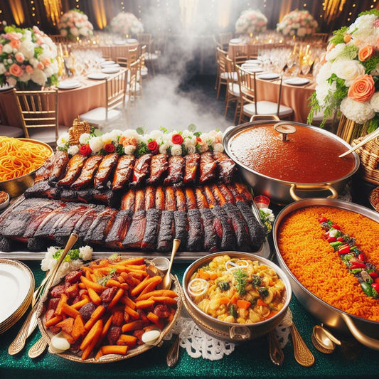  Wedding reception table adorned with dishes representing both Texan and Nigerian cuisines.