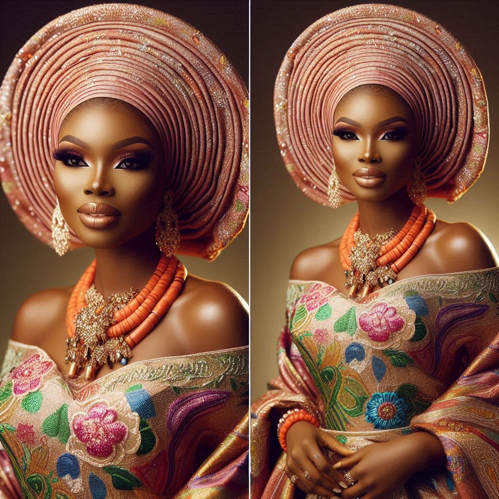 A Nigerian bride in a vibrant, intricately beaded Yoruba attire, wearing a silk iro and buba, a gele head tie, and adorned with coral bead necklaces.