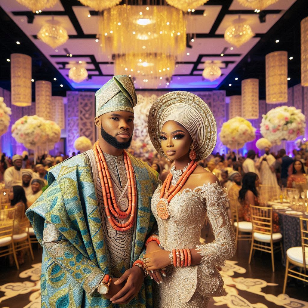  Vibrant Nigerian wedding in Texas, showcasing the couple dressed in traditional attire, like Aso Oke and Agbada, standing in a beautifully decorated venue.