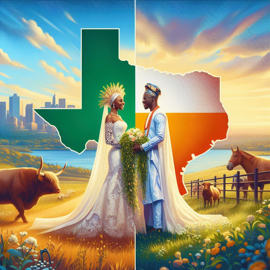 Nigerian couple in traditional attire exchanging vows against the backdrop of a picturesque Texas landscape.