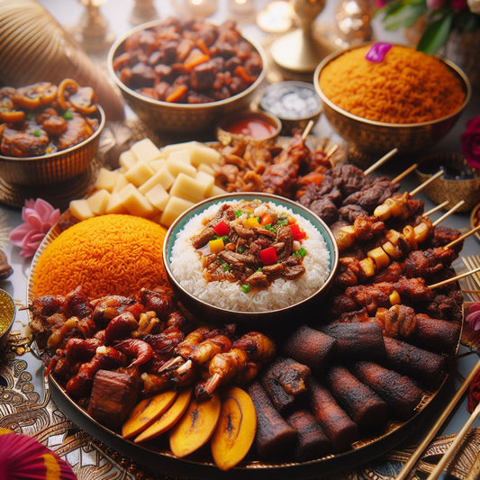 Nigerian wedding food, including jollof rice, suya skewers, pounded yam with egusi soup, and fried plantains