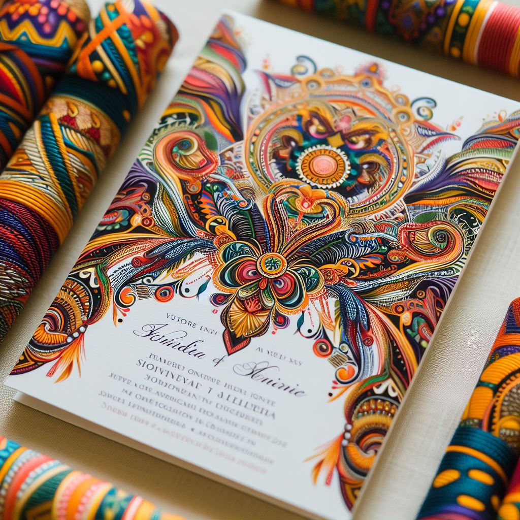 An elegant wedding invitation featuring traditional Nigerian motifs.