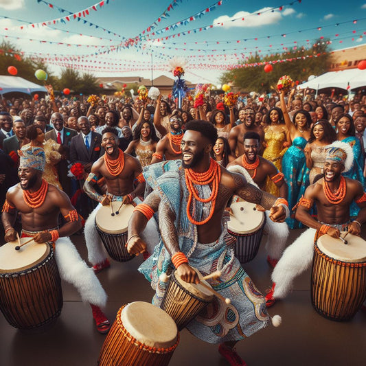 A vibrant Nigerian wedding scene in Texas with traditional dancers in colorful attire perform energetically.