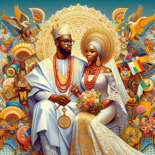 a bride and groom dressed in a blend of Nigerian and American wedding attire.
