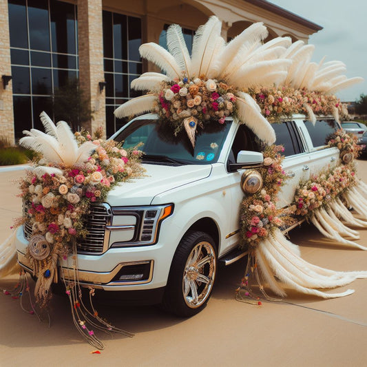 A luxury car adorned with floral decorations, ready to transport the bride and groom in style for their Nigerian wedding in Texas.