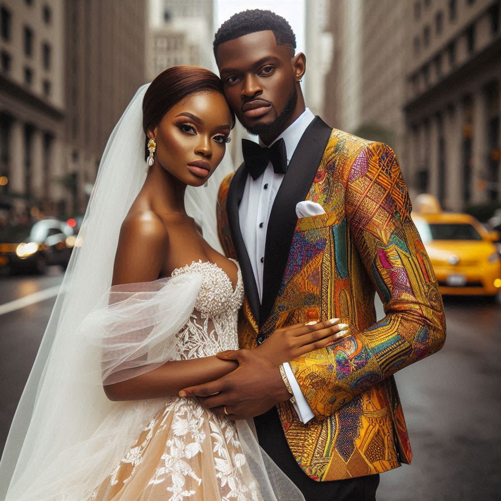 A radiant Nigerian couple, bride in a luxurious wedding gown.