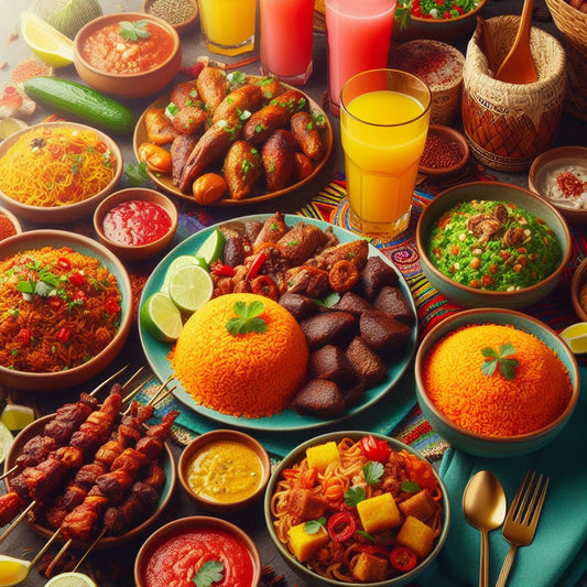 An elegantly set table adorned with colorful dishes representing Nigerian and Texan cuisine, with glasses of palm wine.