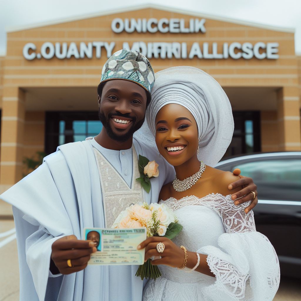 Happy Nigerian couple dressed in traditional wedding attire, standing outside a county clerk’s office in Texas, holding their marriage license. 