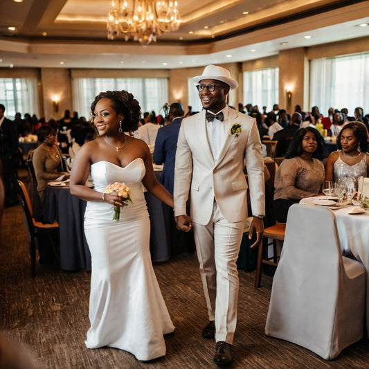 Nigerian wedding in Texas, with guests dressed in colorful attire.