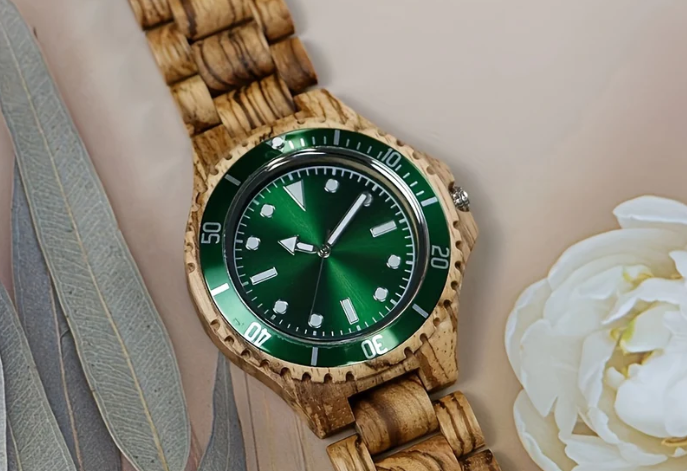 Men's Fashion Business Luminous Wooden Watch: Green Dial Quartz Watch