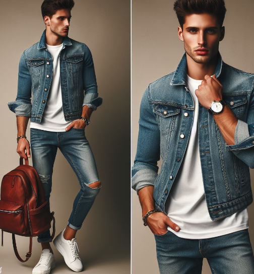 a stylish man wearing a well-fitted denim jacket over a white t-shirt, paired with slim-cut jeans and sneakers. 