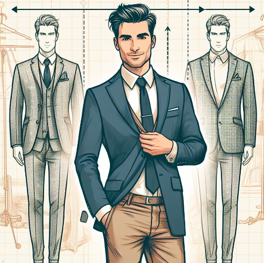 a man dressed in a tailored blazer, crisp button-up shirt, and tailored trousers, exuding confidence and style i