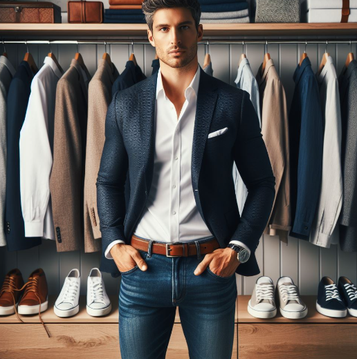 a well-dressed man standing in front of a minimalist wardrobe filled with essential clothing items such as a white dress shirt, navy blazer, dark wash jeans, and chinos.