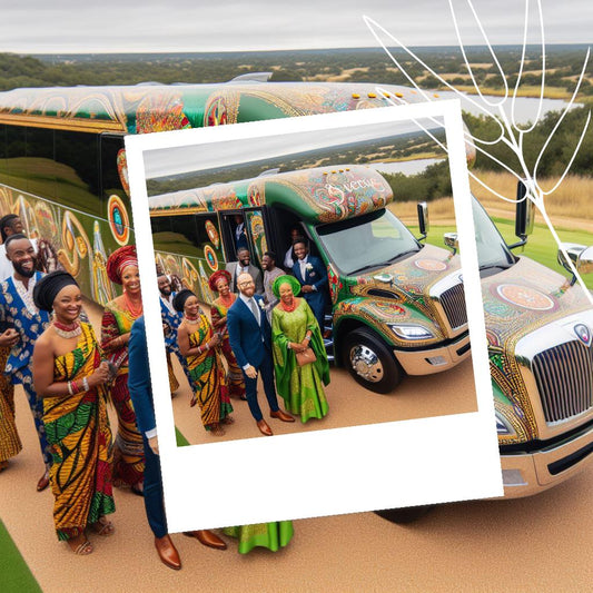 Guests dressed in vibrant traditional attire, are boarding the bus, smiling and chatting.