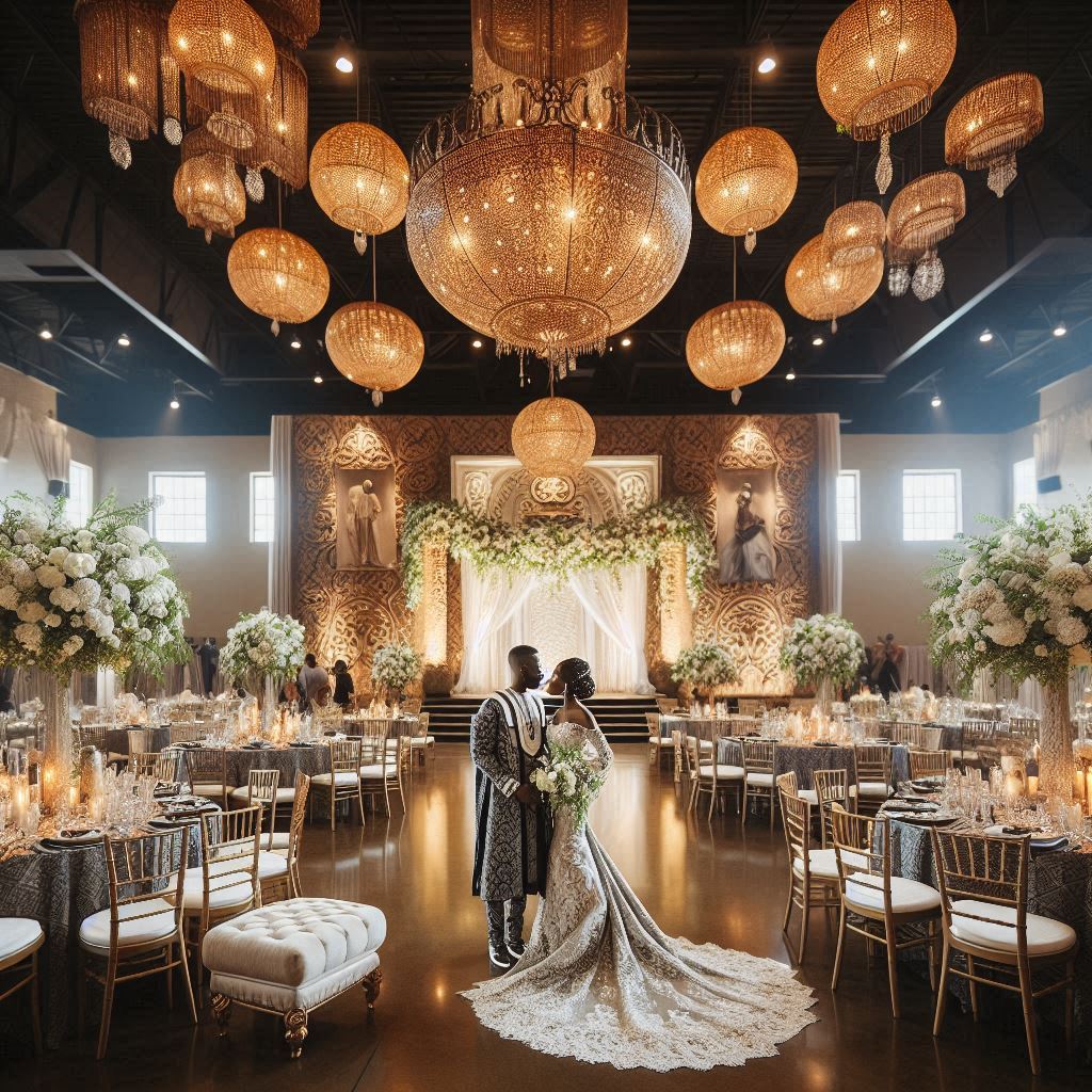 A joyful Nigerian couple in wedding attire, dancing energetically at a beautifully decorated reception hall.