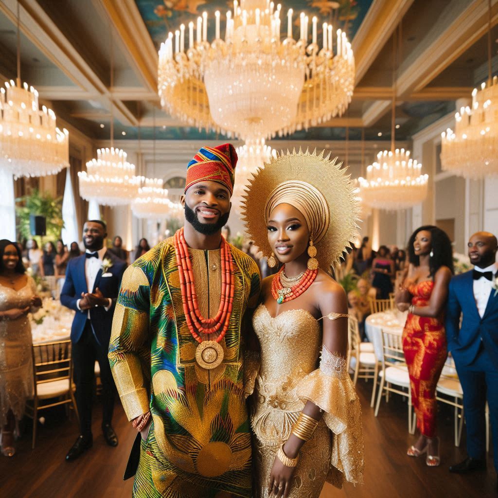 A vibrant indoor wedding reception in Atlanta, featuring a Nigerian couple in traditional attire.