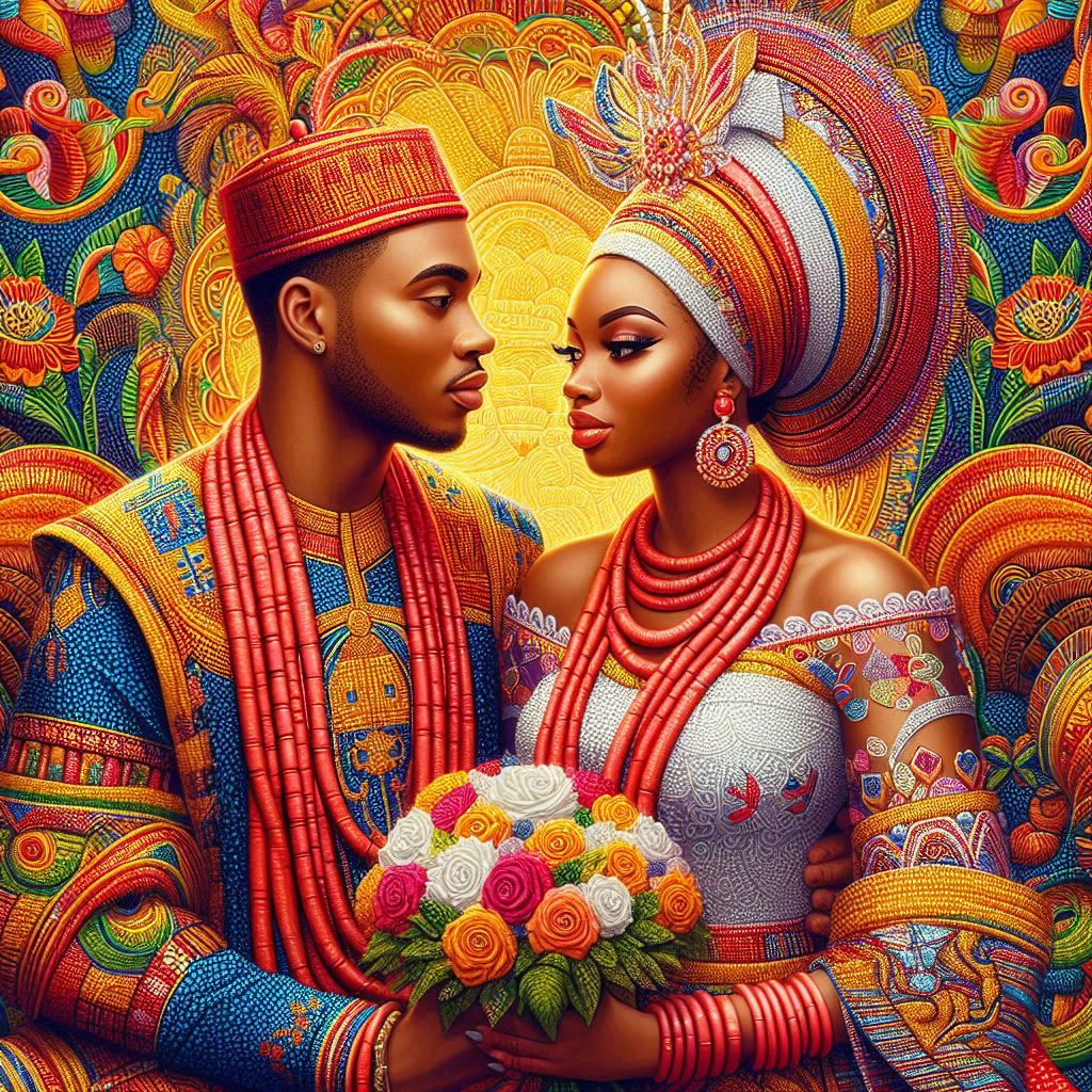 a vibrant Igbo traditional wedding scene, showcasing the bride and groom in colorful attire.