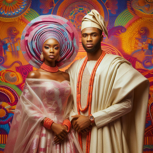  a bride and groom adorned in traditional Nigerian wedding attire.