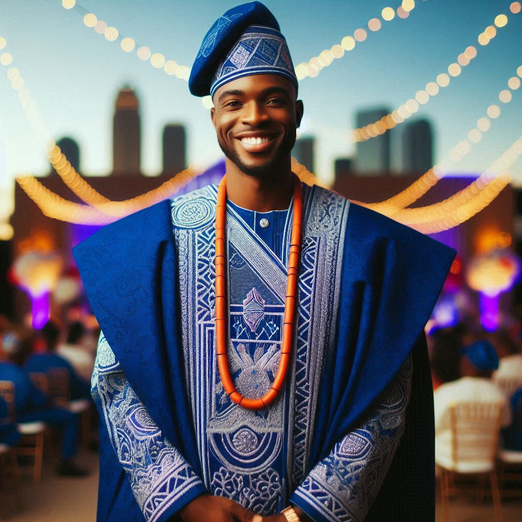 A groom at a Nigerian wedding in Texas, wearing a beautifully embroidered Agbada in royal blue, standing confidently with a broad smile.