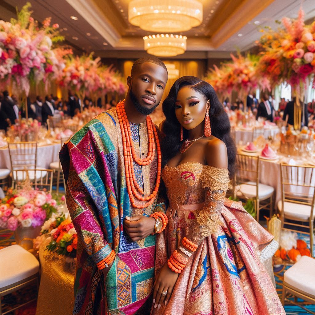 A vibrant image capturing the couple on their wedding day, with the groom in a richly embroidered agbada and the bride in a stunning dress.