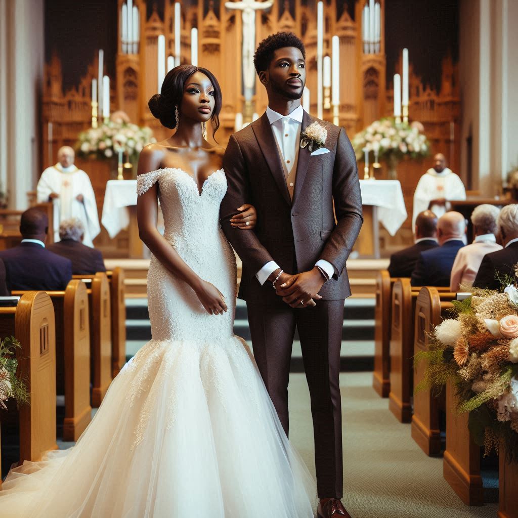 Nigerian couple, standing together in a church for their wedding.